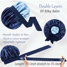 Double Layered Silk Satin Bonnet with Tie for Sleeping Black Women, Wide Band Large Hair Wrap Sleep Cap Bonnet for Curly Hair Braid Locs, Navy Blue