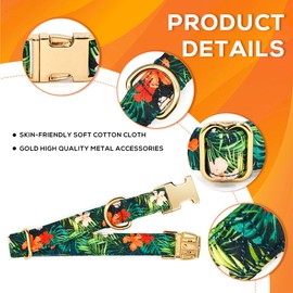 Summer Dog Collars with Bow Tie, Floral Tropical Leaf Bowtie Accessory for Dogs, Gold Metal Accessories Collars for Small Medium Large Dogs, L (15" -24")