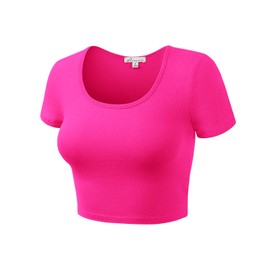 Women Cotton Scoop Neck Crop Tops Short Sleeve Basic Casual Shirts HOTPINK M