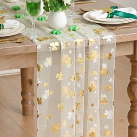 Beige Gauze Gold Shamrocks St.Patrick's Day Table Runner 120 Inch 10FT,Seasonal Sheer Dining Holiday Baby Shower Table Decor for Home Party