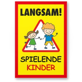 Komma Security Slow Playing Children Sign, 20 x 30 cm, Warning Sign, Warning Sign, Slow Driving Warning Notice, Play Road, Playground - Caution Playing Children