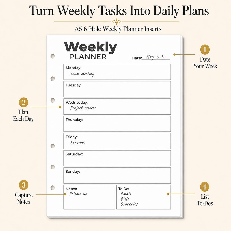 A5 Weekly Planner Inserts, Undated 6-Hole Refill Pages with Monday-Sunday