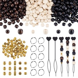 WADORN 500 Pieces Hair Beads Set, 450Pcs Large Hole Barrel Wood Beads 50Pcs European Loose Beads Black Elastic Hair Bands with 5 Quick Beader for Braids Dreadlock Hair Braid Beads Set for Decor