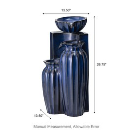 Glitzhome 26.75" H Ceramic Outdoor Water Fountain with LED Lights and Pump, Cobalt Blue Fluted Texture Cascading Waterfall Floor Standing Fountain for Porch Deck Garden Patio Backyard