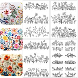 Lyxhag 4 fogli stabilizzanti solubili in acqua – fiori prestampati, arbusti in fiore e foglie disegni – Stick & Stitch carta da ricamo per gli amanti del cucito a mano