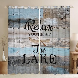 Lake Blackout Curtains 2 Panels 52"Wx63"L The Lake House Decor for The Home,Rustic Farmhouse Cabin Lodge Grey Blue Wooden Plank Curtains & Drapes Lake Life Decor Lake Paddle Boat Curtains Lake Decor