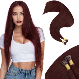 Moresoo Red Hair Extensions Itip Human Hair Wine Red I Tip Hair Extensions Real Human Hair Dark Red 24Inch Hair Extensions I Tip Remy Hair Extensions Burgundy Long Straight Hair 40G/50S #99J