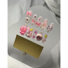 Handmade Press On Nails Long MouyouGlow, Ballerina Kawaii Pink 3D Cute MyMe Lody Heart Carton Kitty Shimmer Y2K Coquette Resuable Fake Nails, Handmade Artificial Fingernails, 10 Pieces (61-M Size)