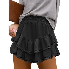Caracilia Mini Skirts for Women Summer Casual Boho Crochet Ruffle Flowy Skirt Built in Shorts 2025 Fashion Trendy Skorts Black Small
