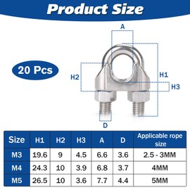Forbabe Wire Rope Clamp 4 mm Pack of 20 M4 Stainless Steel U-Bolt Rope Clamps for Wire Rope Cable Diameter 4 mm (4 mm)