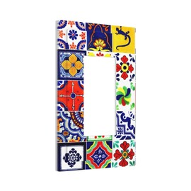 Blue/Yellow Talavera Mexican Boho Tile 1 Gang Single Rocker/Decorator Outlet Light Switch Cover Decorative One Rocker Receptacle Face Wall Plate Switchplate