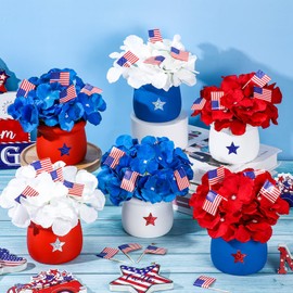Funnymoom 6 Pack 4th of July Table Decor 250th Anniversary Artificial Flowers with Terracotta Pots Vase Independence Day Patriotic Centerpieces Decorations for American Room Kitchen Indoor Decor Home