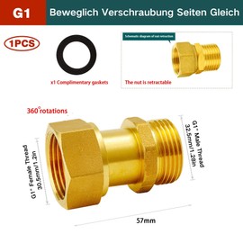 Brass Screw Connection Both Sides Equal G1 x G1 Inch AGxIG (AG Diameter 32.5 mm x Female Diameter 30.5 mm), DN25, Brass Movable Screw Connection Passage G1 Inch, Brass Screw Connection IGxAG 1 Inch