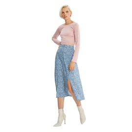 TRENDYOL Women's Tile Flower Pattern Tip Detailed Skirt, blue