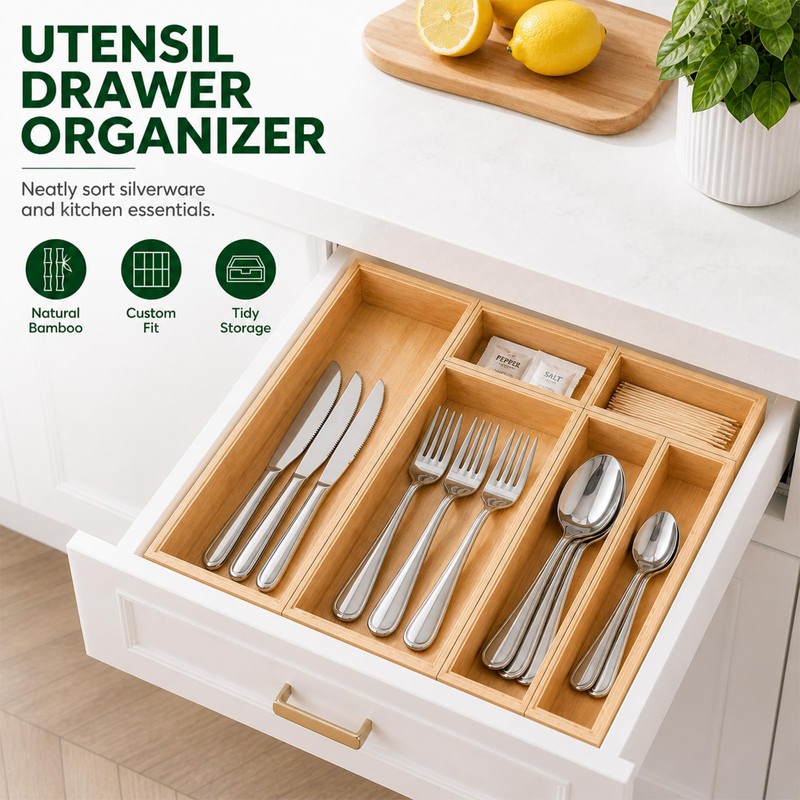 BOY MCOWBOY Bamboo Kitchen Drawer Organizer for Utensils, Set of