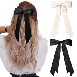 2PCS Silky Satin Hair Bows Hair Clip Beige Black Hair Ribbon Ponytail Holder Accessories Slides Metal Clips Hair Bow for Women Girls Toddlers Teens Kids