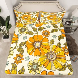 Kids Retro Flowers Fitted Sheet Queen Size,Watercolor Yellow Floral Green Leaves Plant Bedding Set,70s Trippy Daisy Soft Polyester Bed Cover 3pcs for Teens Adult Xmas Gift,2 Pillowcases (No Top Sheet)