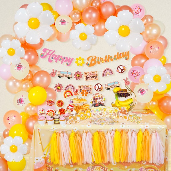 Groovy Birthday Party Decorations Retro Hippie Boho Party Supplies Daisy Fairy Pastel Balloons Garland Arch Kit Including Groovy Sticker Glasses Tablecloth Girls Baby Shower Decorations for Birthday Party Decor