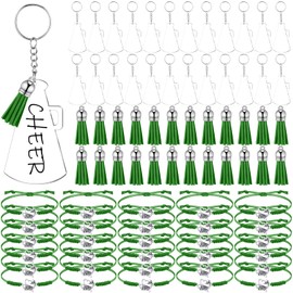 Sureio 48 Pcs Cheerleader Gifts 24 Cheer Bracelets 24 Cheer Keychain for Cheer Team Backpack Purse Party Favors Cheerleading Accessories Bulk for Cheer Team(Green,tassel)