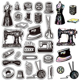 CRASPIRE Vintage Sewing Tool Rubber Clear Stamp Retro Transparent Silicone Stamps 6.3x4.3inch Seals Sheets Background Print Signet DIY Crafts Postage PVC Scrapbooking Making Cards Photo Album