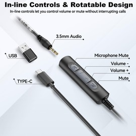 Wantek USB Headset with Microphone for PC Wired Headphones - USB C 3.5mm Headsets with Noise Cancelling Microphone for Laptop - Type-C Computer Headphones with Inline Volume Control & Mute