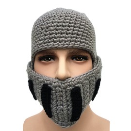 Kafeimli Men Women Beard Hat Beanie Knit Roman Cosplay Knight Helmet Funny Caps (Light Gray)