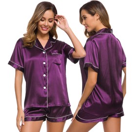 SWOMOG Womens Silk Satin Pajamas Set Two-Piece Pj Sets Sleepwear Loungewear Button-Down Pj Sets Purple