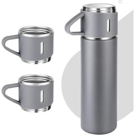 Vacuum Flask Set - Insulated Water Bottle with 3 Cups Gift Set, Thermos Water Bottle for Hot and Cold Drinks - Reusable Stainless Steel Water Bottles for Indoor and Outdoor Activities 500 ml (Gray)