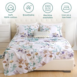 QSH 100% Cotton Sheets for Queen Size Bed, Gradient Teal Blue Leaves Plant Pattern Botanical Luxury Cotton Printed Floral Bedding Sheets Queen Soft and Breathable 4pcs Deep Pocket Sheet Set