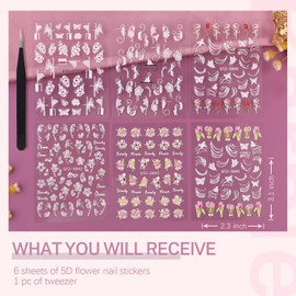 6 Sheets 5D Flower Nail Stickers for Nail Art, 3D Embossed Engraved Floral Butterfly Pegatinas Uñas Nail Accessories Self Adhesive Lace Roses Nail Decals Supplies for Women French Tips Nail Design