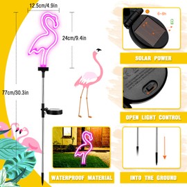 Flamingo Solar Lights Outdoor Neon Light Yard Pink Flamingo Waterproof Decorations for Garden Patio Yard Pathway Decoration(4 Pack)
