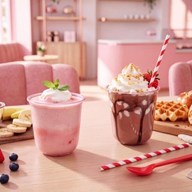 50 Set Root Beer Float Cups with Red Plastic Soda Spoons and Paper Straws Plastic Parfait Cups Disposable Stemless Glasses for Milkshake Ice Cream Cocktail Yogurt Party Drinks (Pink,12oz)