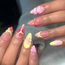 LWTZLW 3D French Tip Press on Nails Pink Yellow Medium Almond Fake Nails 3D Flower Full Cover Glue ons Nails Floral Oval Heart Acrylic False Nail Colorful Glossy Artificial Nails Reusable for Women