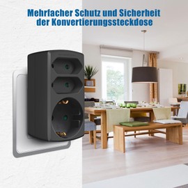 EXTRASTAR Multi-socket 3-way socket adapter, 2 Euro + 1 Schuko socket, child lock, adapter plug for office, home or travel, black (1 piece)
