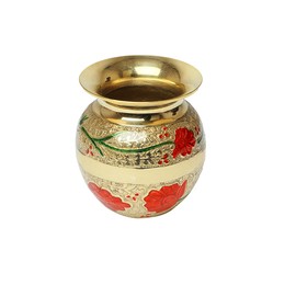 Small Brass Kalash with Minakari Work Lota Pot Utensils Drinkware for Pooja Puja Indian Traditional Festival New Year Decorations Temple Home Office Pure Copper Vessel Lota (Size-3"x3"x3.5") (Golden)