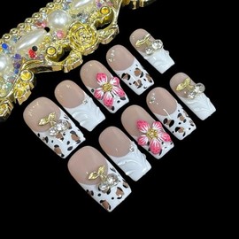 Uñas Postizas Hechas A Mano, con Diseño Floral de Terciopelo 3D, Puntas Francesas Cuadradas Blancas, Cortas/Medianas, Diseño de Leopardo Y Cerezas, Uñ