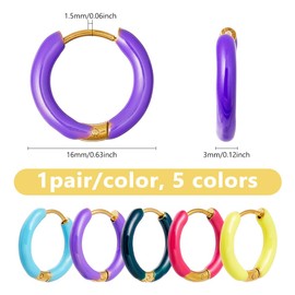 DICOSMETIC 5 Pairs Small Enamel Hoop Earrings Colourful Huggie Hoop Earrings 16 mm Stainless Steel Huggie Hoop Earrings Cute Statement Earrings for Women Jewellery