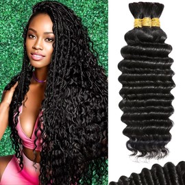 Afihond Human Braiding Hair For Boho Braids Deep Water Wave Bulk Human Hair for Braiding 12A Wet and Wavy Curly 100% Human Hair Extensions 3 Bundles 110g Natural Color 20inch