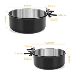 2 Pcs Black Large Pet Dog Food Water Bowl for Cage Stainless Steel Non-Spill Kennel Hanging Cats Bowls with Clamp Holder Crate Feeder Dish for Medium Large Dogs Huge Pets (7.1x2.5'' & 6.3x2.4'')