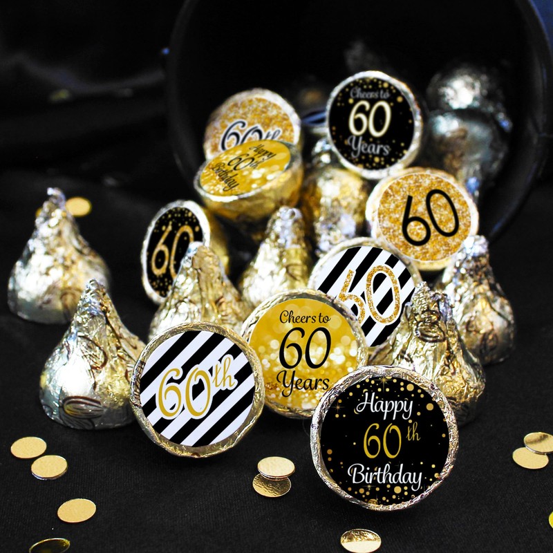 Black and Gold 60th Birthday Party Favor Stickers - 180