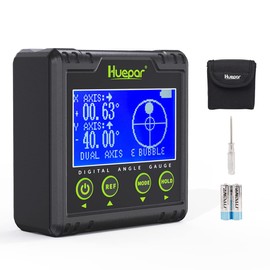 Huepar Digital Angle Gauge Protractor, Electronic Bubble Angle Finder Dual Axis Level Box 0.01°Resolution V-Groove Magnetic Base&LCD Inclinometer Bevel Gauge with Audible Alert -Measures 0~360°