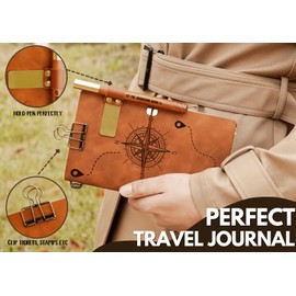 InnoBeta Refillable Leather Travel Journal Travelers Notebook 7.87 x 4.7 Cover, 4 x 7.5 Pages (Inches), Travel Diary with 6 Inserts, Pen Holder and Binder Clip, Journal for Men Women, Compass