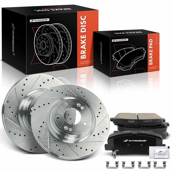 A-Premium 12.59 inch (320mm) Front Drilled and Slotted Disc Brake Rotors + Ceramic Pads Kit Compatible with Select Hyundai Models - Genesis Coupe 2010-2016, 6-PC Set