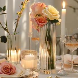 ComSaf Glass Cylinder Vases Pack of 3, Clear Ribbed Bud Vases for Centerpieces Weeding Decoration, 4 inch 6 Inch 10 Inch Tall Clear Flower Vases in Bulk, Hurricane Candle Holder for Party Home Decor