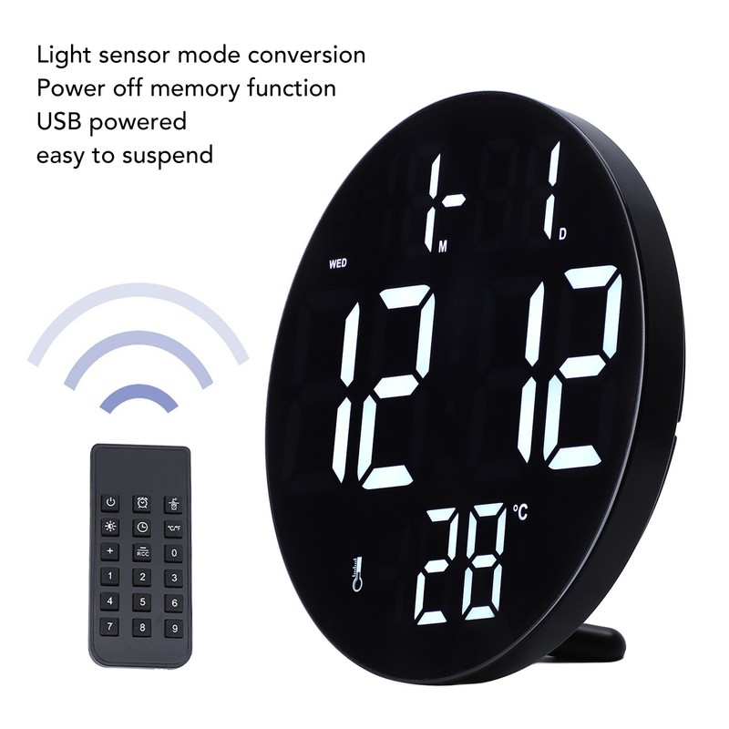 Round Digital Wall Clock 12 24Hr USB Powered Silent Modern