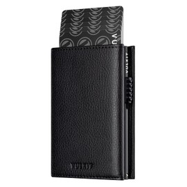 VULKIT Card Holder Wallet with Coin Pocket Magnetic Closure Pop Up Cards With ID Window Leather Wallet for Cash & Credit Cards, Grain Black