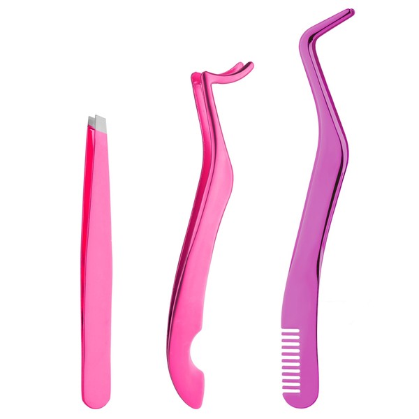 Pack of 3 Eyelash Tweezers, Stainless Steel Eyelash Tweezers Set,