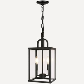 Large Outdoor Indoor Pendant Light 2-Light, Modern Black Metal Outside Chandelier Exterior Hanging Fixture Ceiling Mount with Clear Glass Shade for Front Porch Entrance Foyer Entryway (Bulb Included)