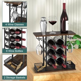 VyGrow Wine Rack, Sturdy Wine Racks Counertop, 3 Tier Wood Wine Bottle Holder, Easy Assembly Wine Holder for 6 Bottles and 4 Glasses for Home Kitchen Living Room, 16.14" L*6.29" W*15.82" H