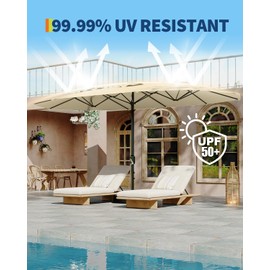 15FT Large Patio Umbrella with Base Included, Outdoor Double-Sided Rectangle Market Umbrella with Crank Lift and Sandbag, Outside Umbrellas for Deck Poolside Lawn Backyard, Beige